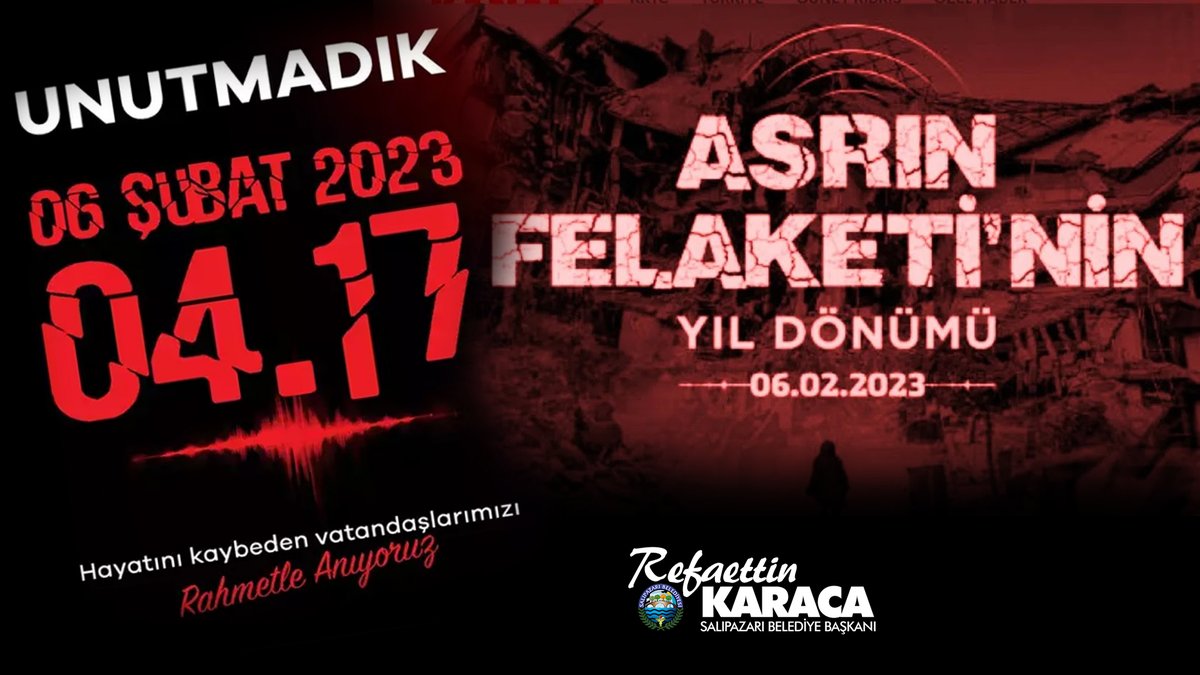 6 Şubat Depreminin yıl dönümünde hayatını kaybeden vatandaşlarımızı bir kez daha rahmetle anıyor,
Böylesi bir felaketin ne ülkemizde ne de dünyada bir daha yaşanmamasını temenni ediyorum.
6 Şubat Depremi'ni unutmadık, unutmayacağız.
#samsun #bbp
