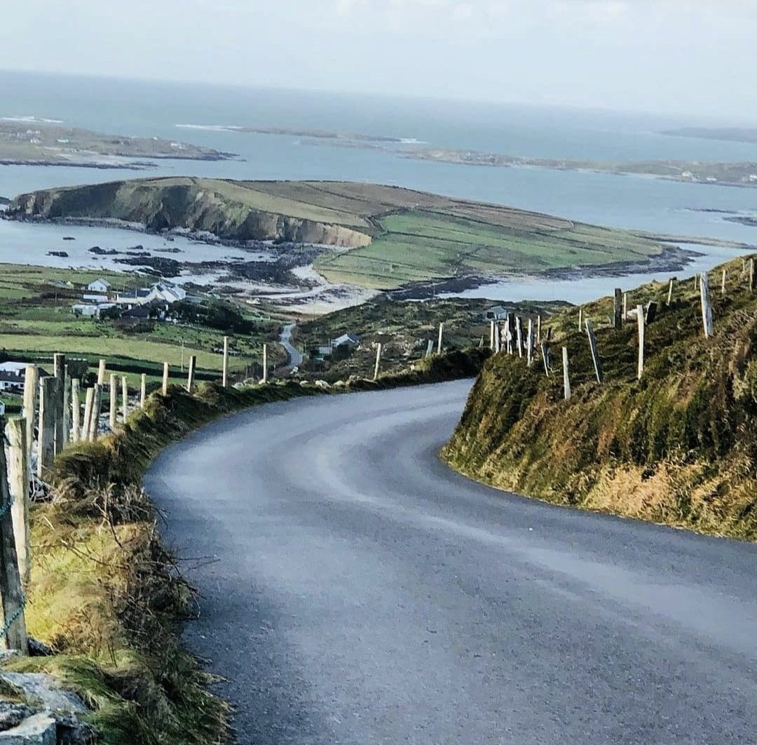 The Sky Road in Connemara, Ireland, is one of the most scenic drives in the country. Located near Clifden in County Galway, it offers breathtaking views of the rugged coastline, islands, mountains, and the Atlantic Ocean.