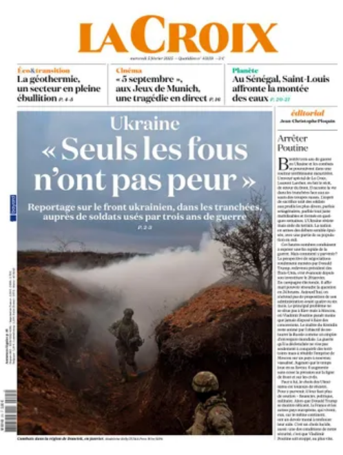 "Seuls les fous n'ont pas peur". A la (superbe) Une de <a href="/LaCroix/">La Croix</a>  , le récit intense de <a href="/LaurentLarcher/">Laurent Larcher</a> sur le front ukrainien pour dire le tragique de la guerre.