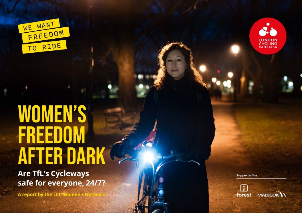 [NEW] 24% of Transport for London cycle network unsafe after dark 🔦🔦

11 Cycleways = over 70% unsafe &amp; 7 are 100% unsafe after dark: with unlit canals, locked parks &amp; more. By LCC Women's Network, supported by Forest e-bikes + <a href="/UKmadison/">Madison</a> Full report lcc.org.uk/news/womens-fr…