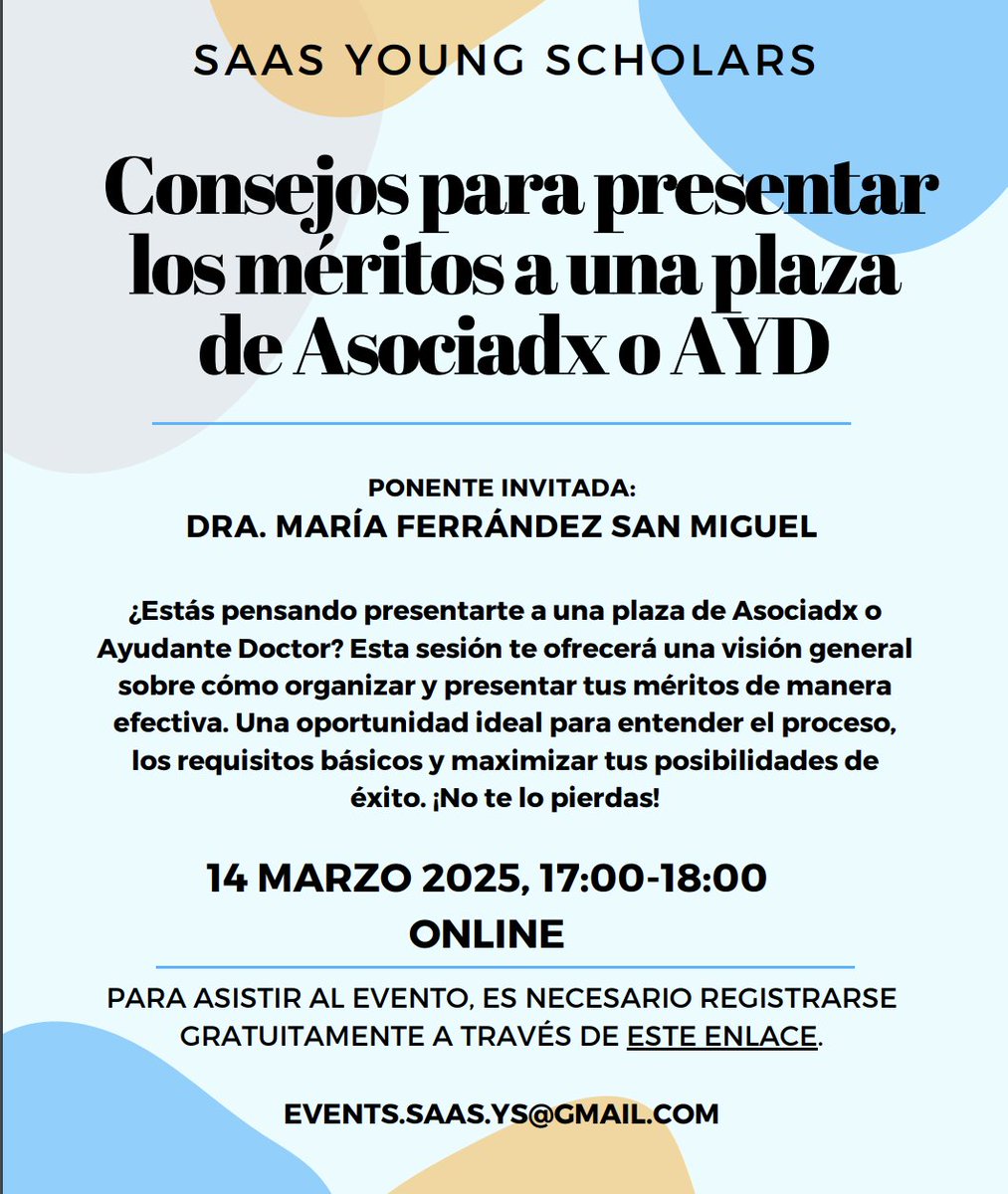 👀 SAAS Young Scholars organiza  una sesión informativa sobre "Consejos para presentar los méritos a una plaza de Asociadx o Ayudante Doctor", que tendrá lugar online el próximo 14 de marzo a las 17:00.

➡️ Para apuntarse: docs.google.com/forms/d/e/1FAI…
