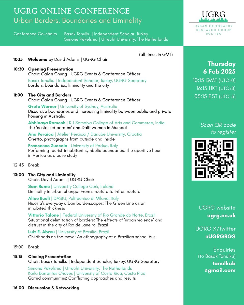 UGRG (@ugrgrgs) on Twitter photo The UGRG Online Conference Tomorrow!
How do borders and boundaries shape our cities? Why do various forms of liminal space exist in urban settings? Join the discussion at this year's UGRG online conference!  ⏰Thu 6 Feb 2025, 10:15-16:00 GMT   
👉Sign-up: tinyurl.com/4kufnzxd The UGRG Online Conference Tomorrow!
How do borders and boundaries shape our cities? Why do various forms of liminal space exist in urban settings? Join the discussion at this year's UGRG online conference!  ⏰Thu 6 Feb 2025, 10:15-16:00 GMT   
👉Sign-up: tinyurl.com/4kufnzxd