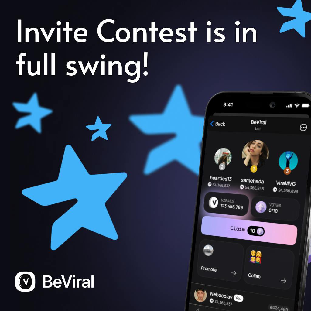 Invite 5 or more friends to the app for your chance to win from our amazing prize pool - 10 lucky winners will receive 100,000 Virals each, while our top 3 referrers will earn 200 stars each!

Join now: t.me/Be_Viral_bot