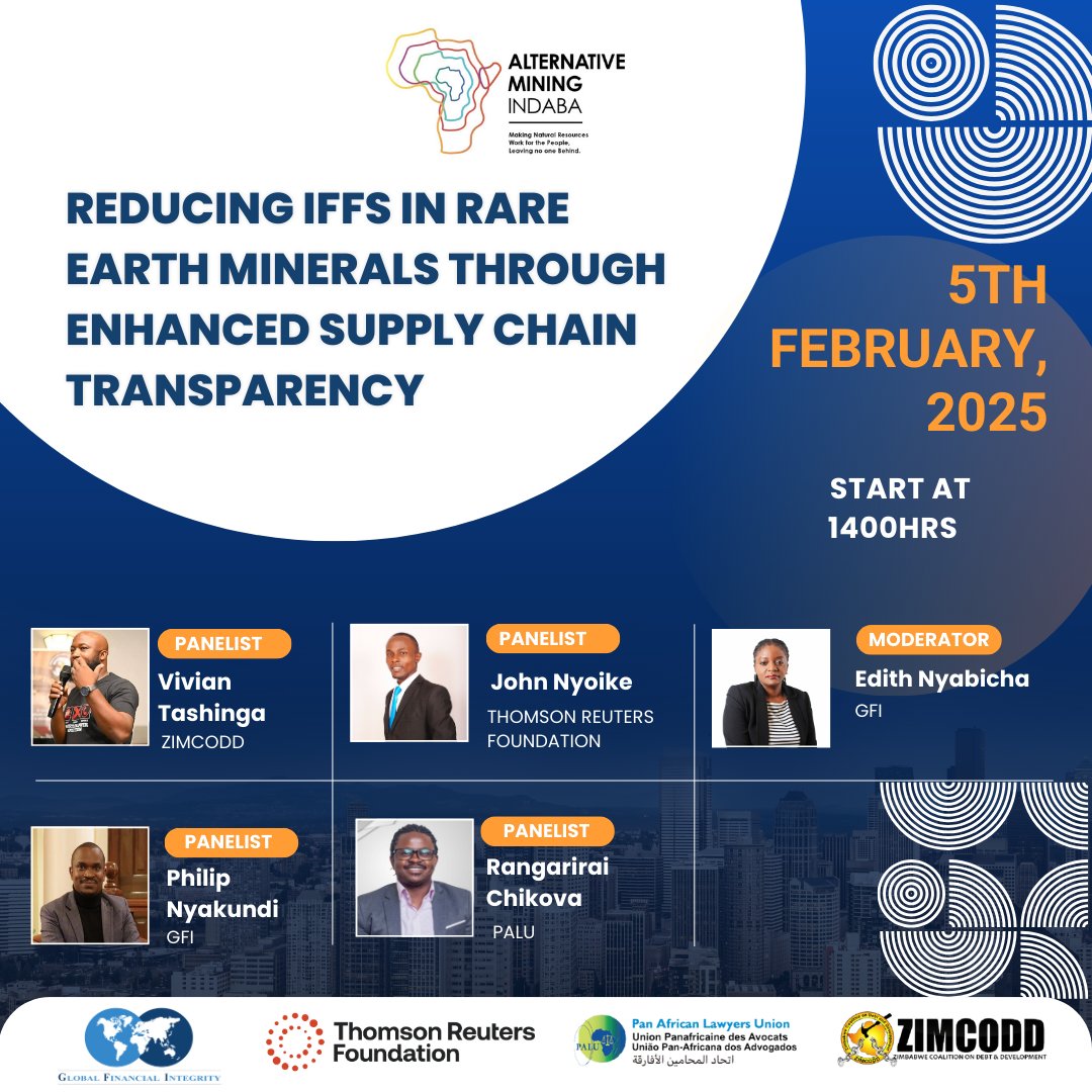 IllicitFlows's tweet photo. We’re at the #AlternativeMiningIndaba2025 in Cape Town! Join us TODAY at 14:00 PM (SAST) for a side session on "Reducing IFFs in Rare Earth Minerals through Enhanced Supply Chain Transparency."
@LawyersofAfrica @ZIMCODD1 @TRF
#AMI2025 #StopIFFs https://t.co/N7YkQjjyBC