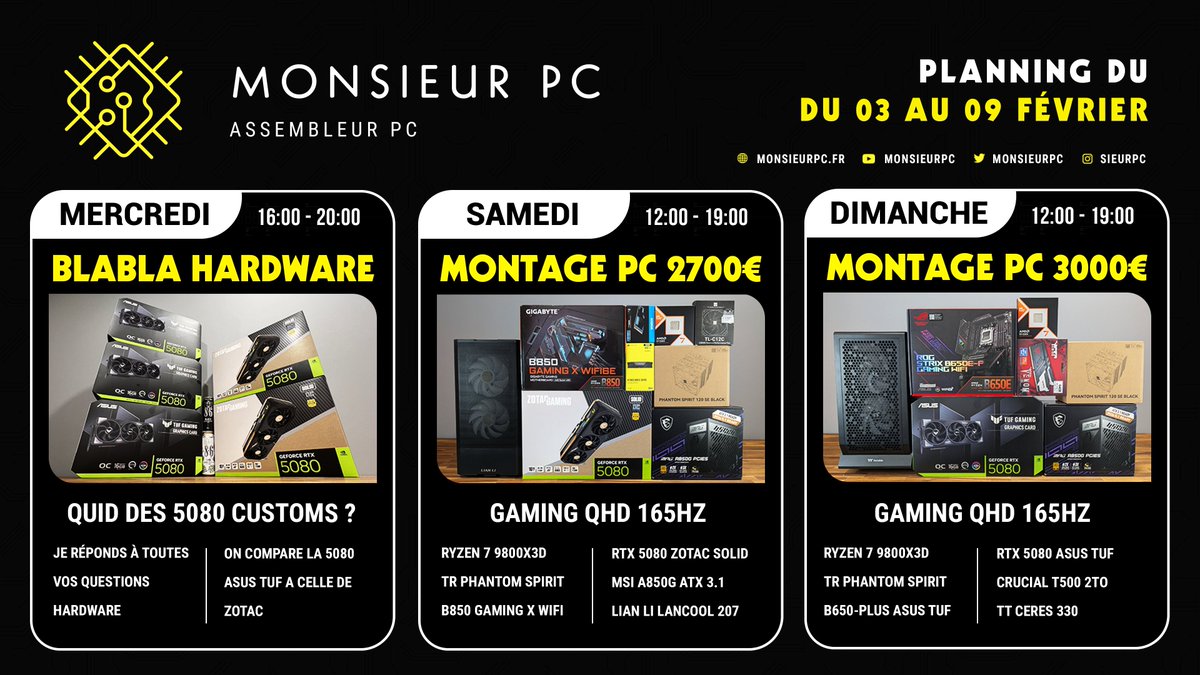 sieur_pc's tweet photo. Avec chance, on pourrait inclure la RTX 5080 PNY (prix MSRP) aux tests de chauffe / silence de mercredi 😎

Samedi, découverte du Lian Li Lancool 207 et d'une B850 Gigabyte 😍

Dimanche, retour du Ceres 330, avec une RTX 5080 Asus TUF svp !

📌 https://t.co/vMgnGjIrFB https://t.co/4HlsqSIc3p