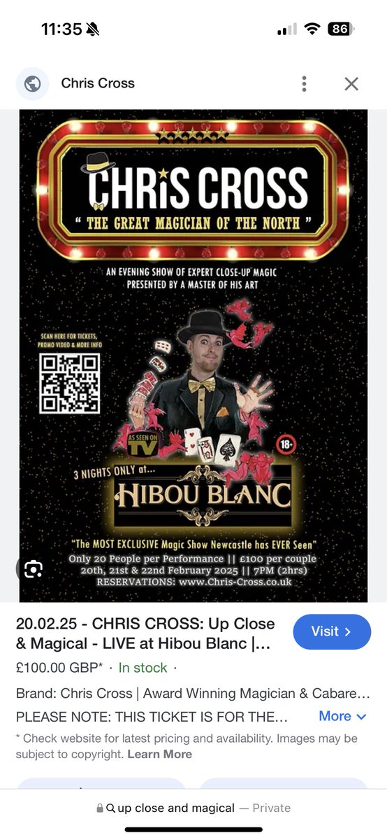 I’ve got “The Most Exclusive Magic Show Newcastle has ever Seen!” at Hibou Blanc in a few weeks. The Saturday is sold out but there’s availability on Thursday and Friday
Come along and spread the word about it, too! Canapés, fizz and the show: chris-cross.co.uk/shop