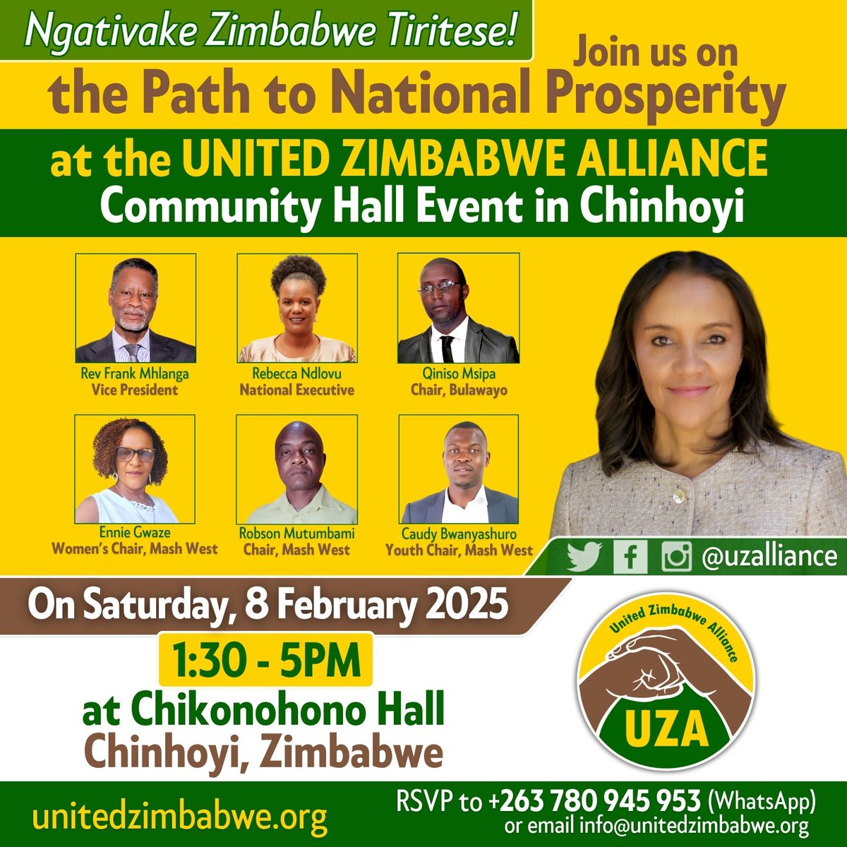 Fellow Zimbabweans, our country is bleeding! On February 8th, the United Zimbabwe Alliance (UZA) will host a pivotal Community Hall event at Chikonohono Hall in #Chinhoyi, under the theme "The Path to National Prosperity."

This is more than just a gathering - it is a call to