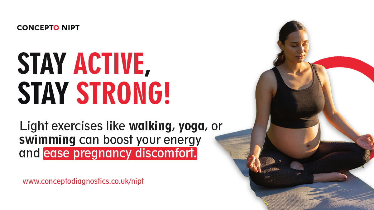 Stay active, stay strong! 💪 Light exercises like walking, yoga, or swimming can boost your energy and ease pregnancy discomfort. 💖💙 #ActivePregnancy #Prenataltesting #nipt #downsyndrome #genderreveal