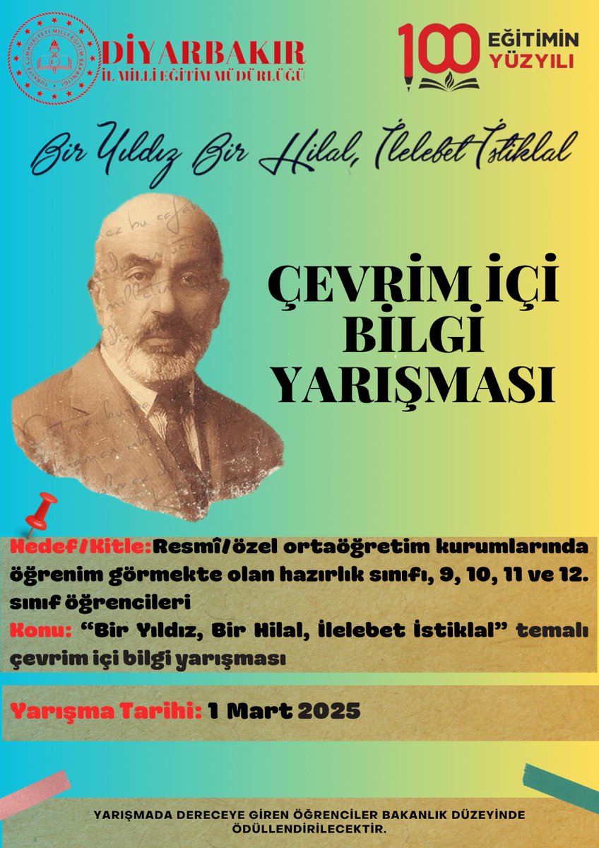 Diyarbakirmem's tweet photo. 🇹🇷 BİR YILDIZ, BİR HİLAL; İLELEBET İSTİKLAL! 🇹🇷

"Allah bu millete bir daha İstiklal Marşı yazdırmasın!" diyen Mehmet Âkif’in izinde, bağımsızlık ruhunu yaşatmaya hazır mısın? 

🔹 Kaleminle, bilginle, objektifinle istiklalin izinde yürü!

Bakanlığımız Ortaöğretim Genel Müdürlüğü tarafından "Bir Yıldız, Bir Hilal; İlelebet İstiklal" temasıyla yarışmalar düzenlenecektir.🏆

📖 Kompozisyon Yarışması ✍️ (Lise öğrencileri için)
📷 Fotoğraf Yarışması 🎞️ (Sadece öğretmenler için!)
📅 Son başvuru: 21 Şubat 2025
🧠 Çevrim İçi Bilgi Yarışması 🏅 (Lise öğrencileri için)
📅 Son başvuru: 1 Mart 2025

🏅 Dereceye giren öğrencilerimiz bakanlık düzeyinde ödüllendirilecektir.

@tcmeb @Yusuf__Tekin
@vali_zorluoglu @h_ibrahim_topcu 
@meb_ogm @Murat4Kucukali