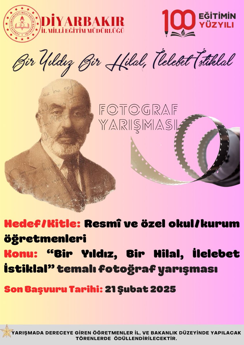 Diyarbakirmem's tweet photo. 🇹🇷 BİR YILDIZ, BİR HİLAL; İLELEBET İSTİKLAL! 🇹🇷

"Allah bu millete bir daha İstiklal Marşı yazdırmasın!" diyen Mehmet Âkif’in izinde, bağımsızlık ruhunu yaşatmaya hazır mısın? 

🔹 Kaleminle, bilginle, objektifinle istiklalin izinde yürü!

Bakanlığımız Ortaöğretim Genel Müdürlüğü tarafından "Bir Yıldız, Bir Hilal; İlelebet İstiklal" temasıyla yarışmalar düzenlenecektir.🏆

📖 Kompozisyon Yarışması ✍️ (Lise öğrencileri için)
📷 Fotoğraf Yarışması 🎞️ (Sadece öğretmenler için!)
📅 Son başvuru: 21 Şubat 2025
🧠 Çevrim İçi Bilgi Yarışması 🏅 (Lise öğrencileri için)
📅 Son başvuru: 1 Mart 2025

🏅 Dereceye giren öğrencilerimiz bakanlık düzeyinde ödüllendirilecektir.

@tcmeb @Yusuf__Tekin
@vali_zorluoglu @h_ibrahim_topcu 
@meb_ogm @Murat4Kucukali