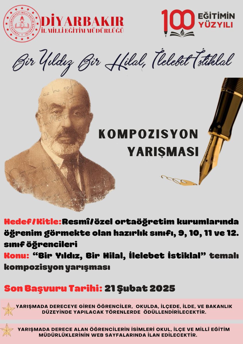 🇹🇷 BİR YILDIZ, BİR HİLAL; İLELEBET İSTİKLAL! 🇹🇷

"Allah bu millete bir daha İstiklal Marşı yazdırmasın!" diyen Mehmet Âkif’in izinde, bağımsızlık ruhunu yaşatmaya hazır mısın? 

🔹 Kaleminle, bilginle, objektifinle istiklalin izinde yürü!

Bakanlığımız Ortaöğretim Genel Müdürlüğü