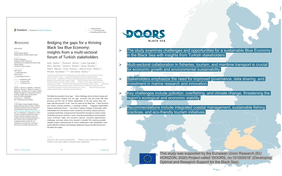 Our 2nd paper from <a href="/doorsblacksea/">DOORS Black Sea</a> in 2025, published in Frontiers in Marine Science (Q1), explores Turkish stakeholders' insights on the #BlackSea's #BlueEconomy.
Key strategies from the Trabzon Multi-Actor Forum for sustainable #BlueEconomy
Full paper at frontiersin.org/.../fmars.2025…