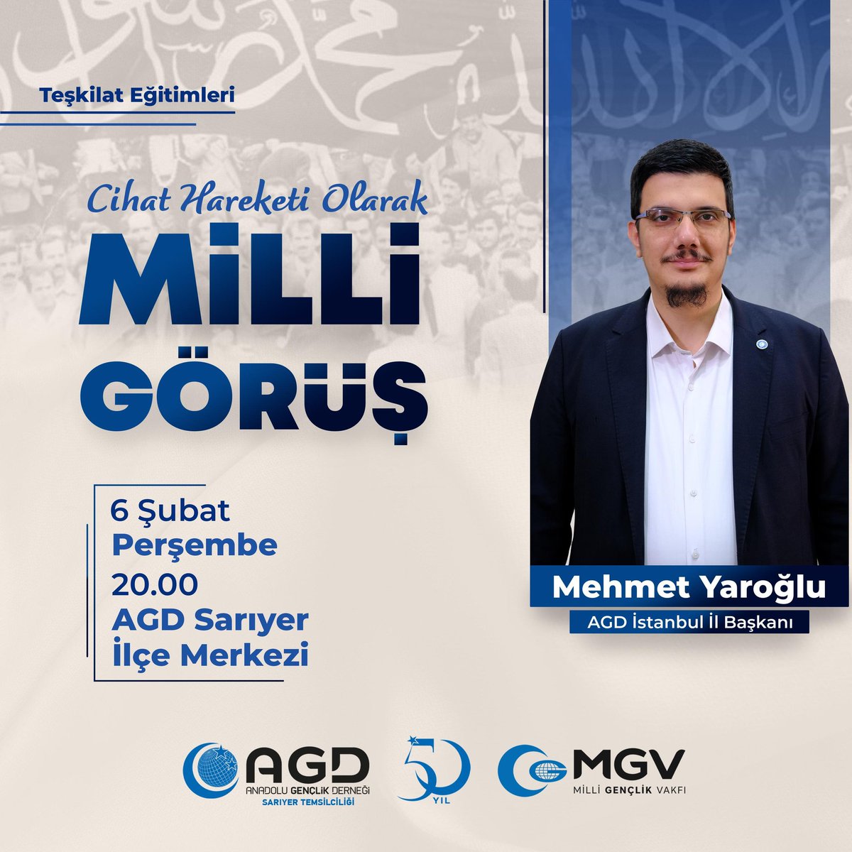 agd_sariyer's tweet photo. Kıymetli Gönüldaşlarımız,
6 Şubat Perşembe (yarın) saat 20:00 de AGD Sarıyer ilçe binamızda İl başkanımız Mehmet YAROĞLU Bey'in anlatımıyla gerçekleştireceğimiz "Cihat Hareketi Olarak Milli Görüş" eğitimine davetlisiniz.

Not: Program erkeklere yöneliktir. https://t.co/P0OiTixEsu