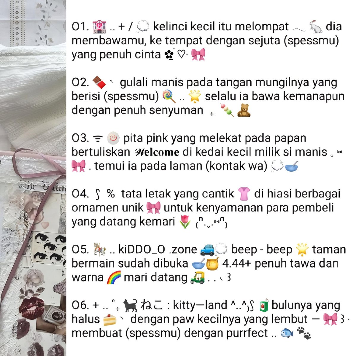 HELP REPOST PLEASE? THANK YOU ♡‿♡

Halo, Jeanna bawa 6 bio wording ridi in bahasa seharga 4.000/each khusus untuk BA 🦋🌟 bisa di take melalui DM atau Tele aku yaa dan free retext! Thank you 🩷🧸 #zonauang