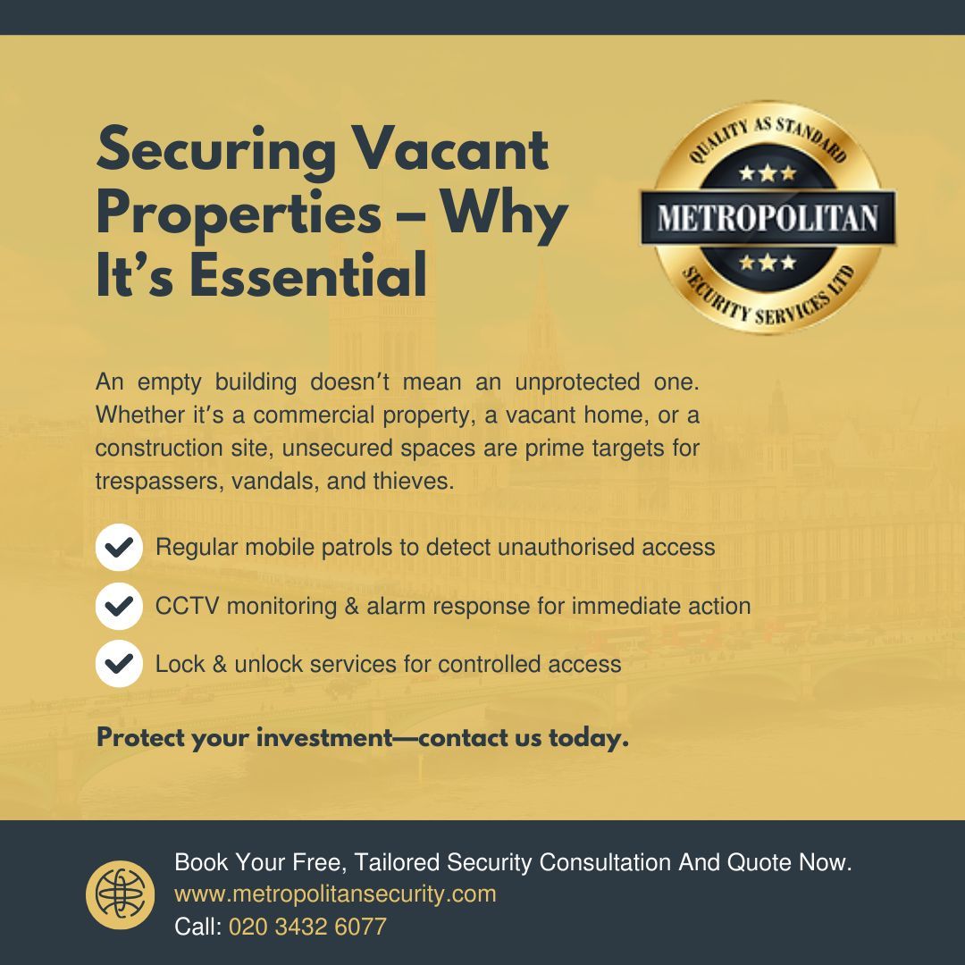 MetropolitanSS2's tweet image. An empty building doesn’t mean an unprotected one. Whether it’s a commercial property, a vacant home, or a construction site, unsecured spaces are prime targets for trespassers, vandals, and thieves.

Protect your investment—call us today. 📞 020 3432 6077

#UKSecuritySolutions