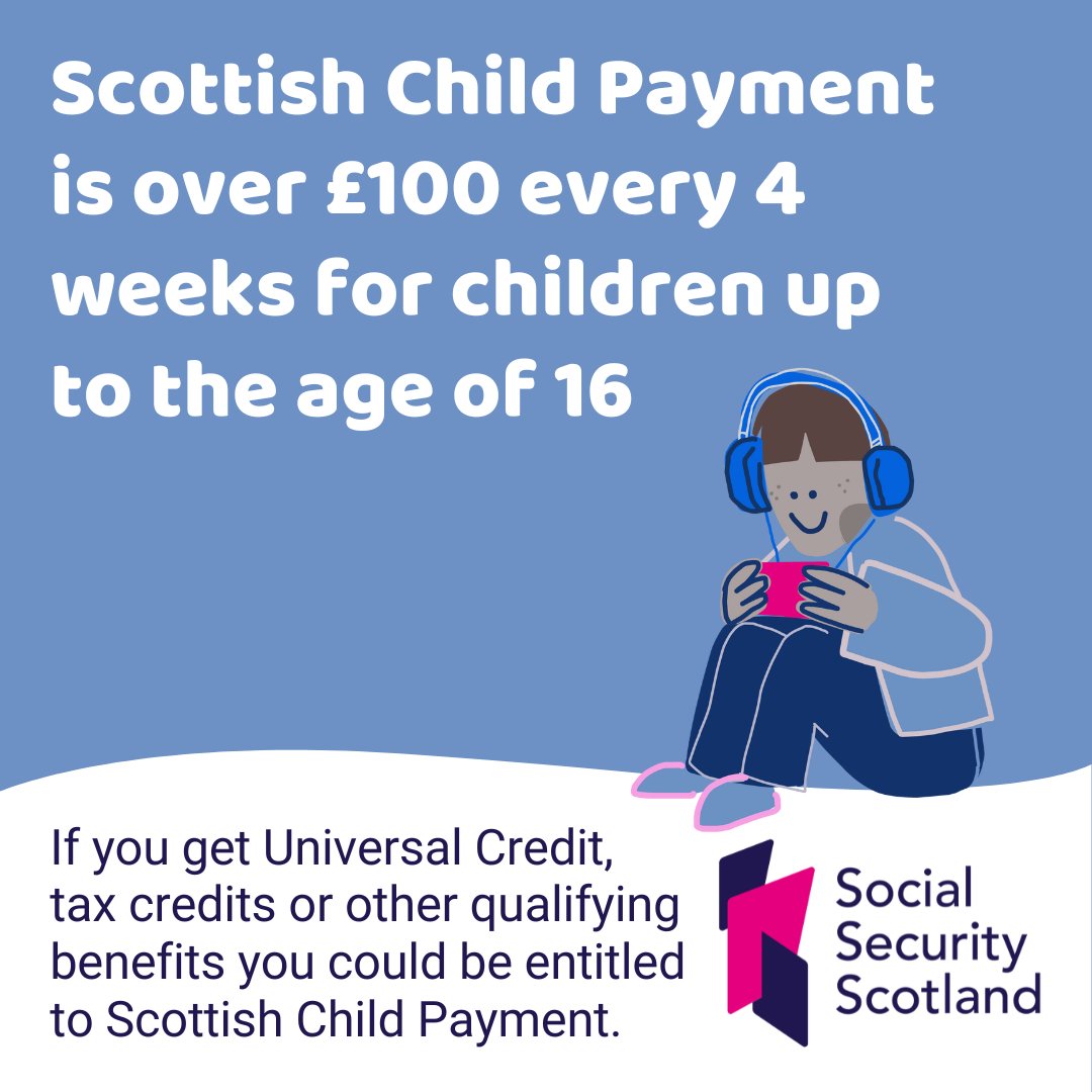 Scottish Child Payment applications are open for children aged under 16.

You can apply for the payment of over £100 every 4 weeks if you get Universal Credit, tax credits or other qualifying benefits and have a child/children aged under 16.

Apply online: orlo.uk/Y89Me