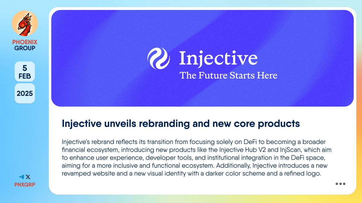 pnxgrp's tweet photo. 🔥 @Injective unveils rebranding and new core products
#Injective's rebrand reflects its transition from focusing solely on #DeFi to becoming a broader financial ecosystem, introducing new products like the Injective Hub V2 and #InjScan, which aim to enhance user experience, developer tools, and institutional integration in the DeFi space, aiming for a more inclusive and functional ecosystem. Additionally, Injective introduces a new revamped website and a new visual identity with a darker color scheme and a refined logo.
Injective is an open, interoperable #Layer1 blockchain powering DeFi applications, including decentralized spot and derivatives exchanges, prediction markets, lending protocols and more.
👉 https://t.co/fQEpeS1eup
