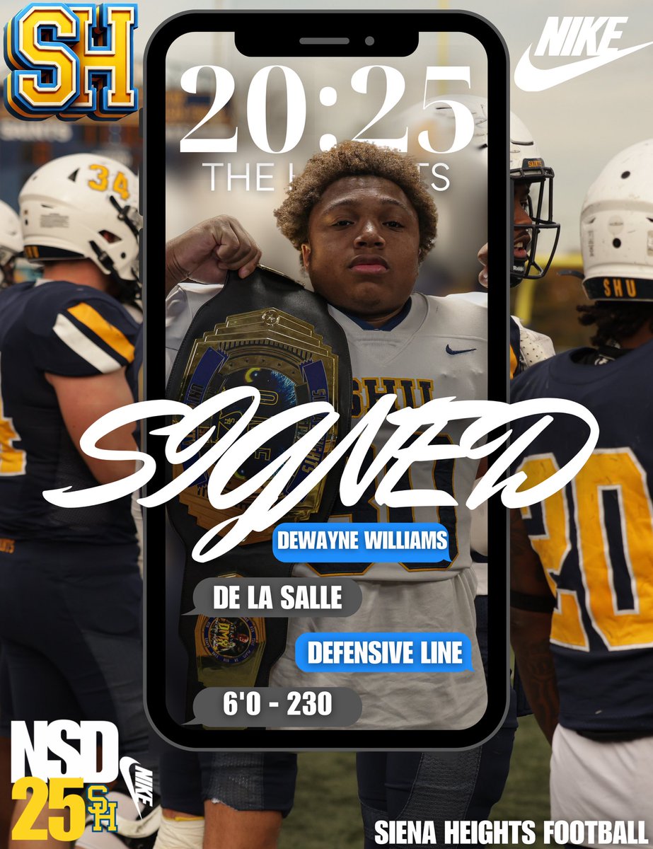 Siena Heights University Football (@sienaheightsfb) on Twitter photo 📝SIGNED
It’s official <a href="/D_will2828/">Dewayne Williams III</a> is now a Saint!
Welcome to the Saints family!
#JoinTheHunt🐺 #ONE💙💛 📝SIGNED
It’s official <a href="/D_will2828/">Dewayne Williams III</a> is now a Saint!
Welcome to the Saints family!
#JoinTheHunt🐺 #ONE💙💛