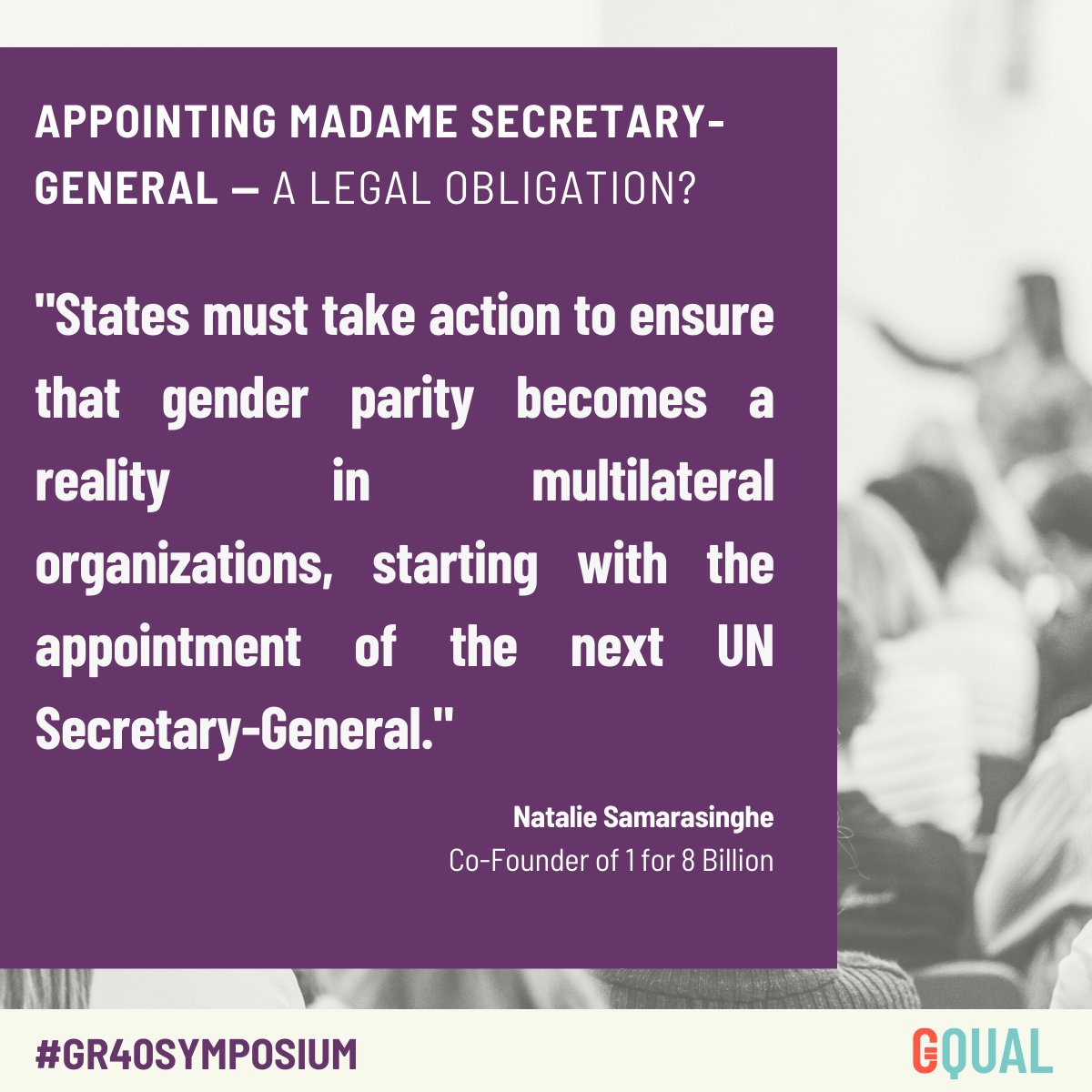 GQUAL (@gqualcampaign) on Twitter photo 🌟As we move deeper into the #GR40Symposium organized by GQUAL and <a href="/opiniojuris/">Opinio Juris</a> , today’s article by <a href="/NatalieSamaras/">Natalie Samarasinghe</a>, co-founder of <a href="/1for8billion/">1 for 8 Billion</a> examines a pressing question: Could the next UN Secretary-General be a woman?
Read her blog post here ➡️opiniojuris.org/2025/02/05/sym… 🌟As we move deeper into the #GR40Symposium organized by GQUAL and <a href="/opiniojuris/">Opinio Juris</a> , today’s article by <a href="/NatalieSamaras/">Natalie Samarasinghe</a>, co-founder of <a href="/1for8billion/">1 for 8 Billion</a> examines a pressing question: Could the next UN Secretary-General be a woman?
Read her blog post here ➡️opiniojuris.org/2025/02/05/sym…