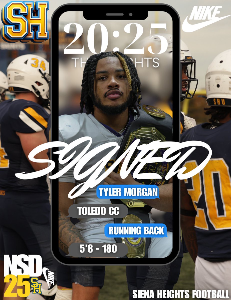 Siena Heights University Football (@sienaheightsfb) on Twitter photo 📝SIGNED
It’s official <a href="/ceotylermorgan/">Tyler “Breeze” Morgan</a> is now a Saint!
Welcome to the Saints family!
#JoinTheHunt🐺 #ONE💙💛 📝SIGNED
It’s official <a href="/ceotylermorgan/">Tyler “Breeze” Morgan</a> is now a Saint!
Welcome to the Saints family!
#JoinTheHunt🐺 #ONE💙💛