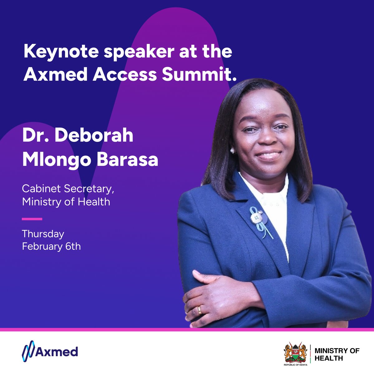 Axmed (@axmedrx) on Twitter photo We are honored to have Hon. CS Dr <a href="/DeborahBarasa/">Deborah Barasa</a>, <a href="/MOH_Kenya/">Ministry of Health</a> joining us as Keynote Speaker tomorrow, at our inaugural Axmed Access Summit in Nairobi! 🚀The excitement is building! Join us & follow the livestream sessions from 9AM EAT tomorrow, February 6: bit.ly/4gShwS5. We are honored to have Hon. CS Dr <a href="/DeborahBarasa/">Deborah Barasa</a>, <a href="/MOH_Kenya/">Ministry of Health</a> joining us as Keynote Speaker tomorrow, at our inaugural Axmed Access Summit in Nairobi! 🚀The excitement is building! Join us & follow the livestream sessions from 9AM EAT tomorrow, February 6: bit.ly/4gShwS5.