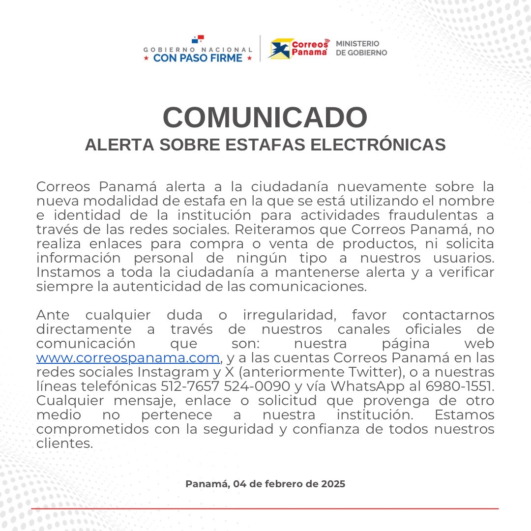 Correos Panamá alerta a la ciudadanía sobre activación de estafas electrónicas.
