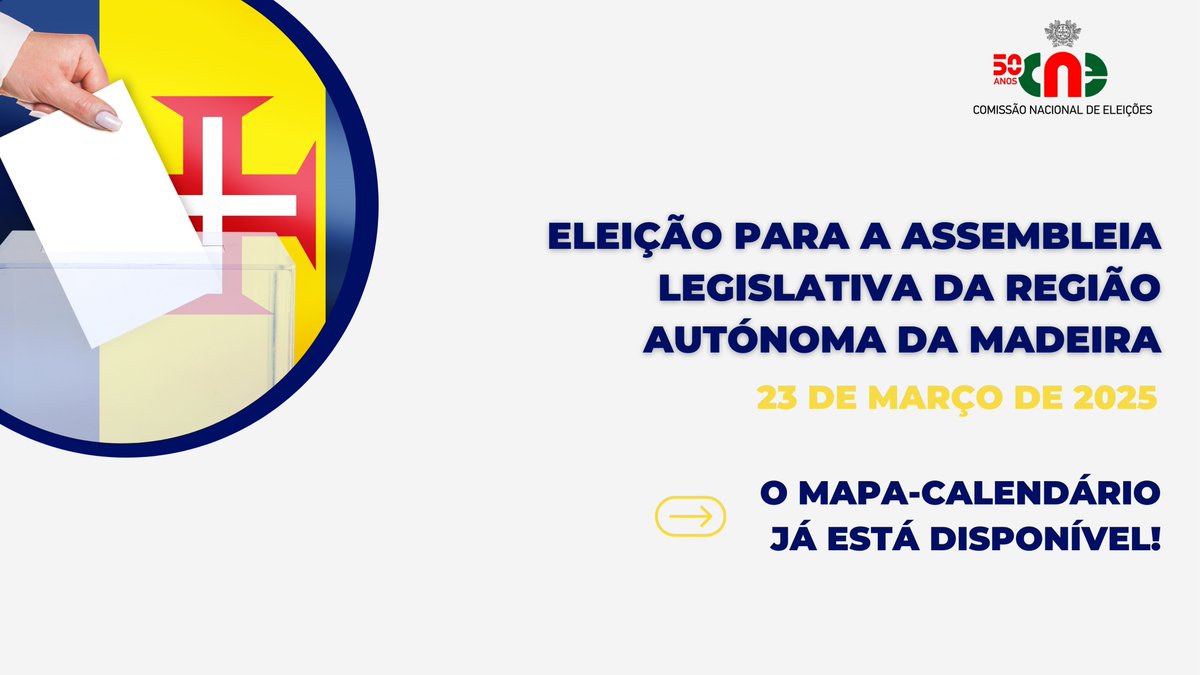 CNE_PT's tweet photo. 📣 A Comissão Nacional de Eleições publicou hoje o mapa-calendário para a Eleição da Assembleia Legislativa da Região Autónoma da Madeira.
🔎 Consulte o mapa-calendário em https://t.co/YaUFj9CFEo.
#CNE #ALRAM https://t.co/f8Xp45bg78