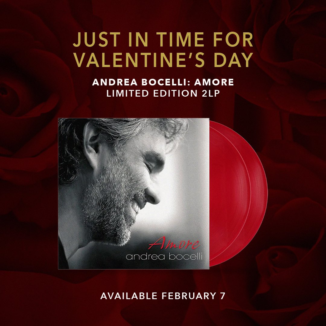 Andrea Bocelli (@andreabocelli) on Twitter photo Andrea Bocelli sings about love in 3 languages on 'Amore', his most romantic album. ‘Amore’ will be made available as a limited edition pressing in a transparent red vinyl 2LP on February 7. 
Pre-order ‘Amore’ now: AndreaBocelli.lnk.to/amore2lpFP Andrea Bocelli sings about love in 3 languages on 'Amore', his most romantic album. ‘Amore’ will be made available as a limited edition pressing in a transparent red vinyl 2LP on February 7. 
Pre-order ‘Amore’ now: AndreaBocelli.lnk.to/amore2lpFP