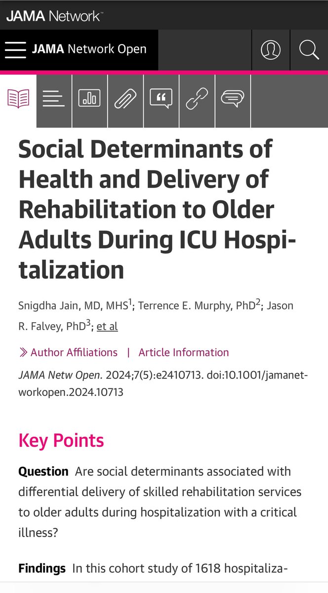 Snigdha Jain MD, MHS, ATSF (@snigdhajain89) on Twitter photo Excellent review in <a href="/SCCM/">SCCM</a> <a href="/CritCareExplore/">Critical Care Explorations</a> from <a href="/tammyeaton17/">Tammy Eaton, PhD, MSc, RN, FNP-BC</a> & others highlighting the importance of #SDOH in #ICUrehab
Related article from our group in <a href="/JAMANetworkOpen/">JAMA Network Open</a>
jamanetwork.com/journals/jaman…
<a href="/icurehab/">Hopkins ICU Rehab</a>
<a href="/LFerranteMD/">Lauren Ferrante</a> <a href="/hmkyale/">Harlan Krumholz</a> <a href="/MrDisability/">Thomas Gill</a> Excellent review in <a href="/SCCM/">SCCM</a> <a href="/CritCareExplore/">Critical Care Explorations</a> from <a href="/tammyeaton17/">Tammy Eaton, PhD, MSc, RN, FNP-BC</a> & others highlighting the importance of #SDOH in #ICUrehab
Related article from our group in <a href="/JAMANetworkOpen/">JAMA Network Open</a>
jamanetwork.com/journals/jaman…
<a href="/icurehab/">Hopkins ICU Rehab</a>
<a href="/LFerranteMD/">Lauren Ferrante</a> <a href="/hmkyale/">Harlan Krumholz</a> <a href="/MrDisability/">Thomas Gill</a>