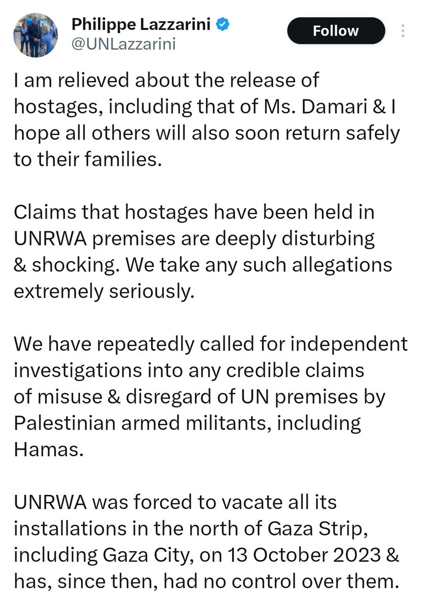 CIJAinfo's tweet image. UNRWA caught in a lie!

Freed hostages said H*m*s held them in UN shelters.

UNRWA head Lazzarini Jan. 31 said UNRWA "had no control" over the shelters.

But on Jan. 3 UNRWA explicitly wrote "UNRWA runs all UN shelters"

UNRWA is compromised by H*m*s &amp;amp; covering up. #DefundUNRWA