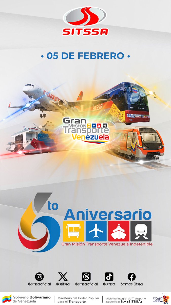 A 6 años de la creación de la Gran Misión Transporte Venezuela felicitamos a su Clase Trabajadora por el compromiso con la movilidad del Pueblo y contribuyendo al desarrollo de la Venezuela Potencia.