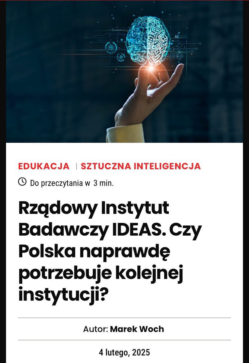 ‼️Rząd zamierza stworzyć Instytut Badawczy IDEAS pod nadzorem <a href="/CYFRA_GOV_PL/">Ministerstwo Cyfryzacji</a> oraz <a href="/MON_GOV_PL/">Ministerstwo Obrony Narodowej 🇵🇱</a> . Pytanie, tylko w jakim celu, skoro jest <a href="/IDEAS_NCBR/">IDEAS NCBR</a> – polski ośrodek badawczo-rozwojowy, utworzony w 2021 r. przez <a href="/NCBR_pl/">NCBR</a> o kapitale zakładowym 50 mln zł⁉️

👉 managerplus.pl/rzadowy-instyt…