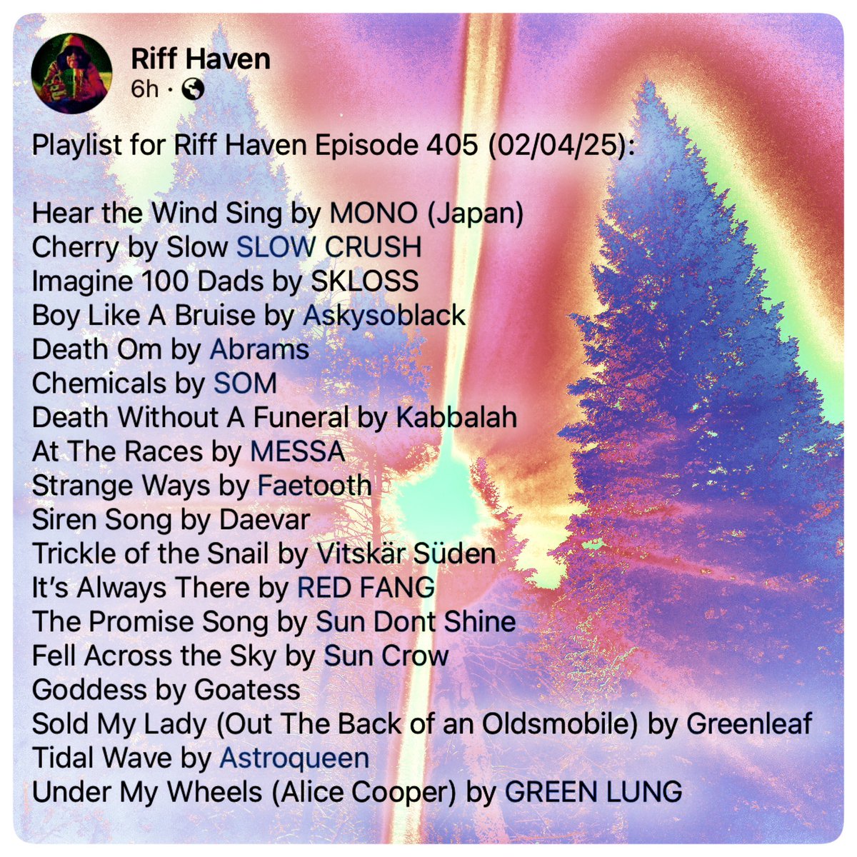 RiffHaven's tweet photo. #RiffHaven #RadioBoise #MONO #SlowCrush #SKLOSS #ASkySoBlack #Abrams #SOM #Kabbalah
#Messa #Faetooth #Daevar #VitskarSuden #RedFang #SunDontShine #SunCrow #Goatess #Greenleaf
#Astroqueen #GreenLung https://t.co/bWokhfvpRZ