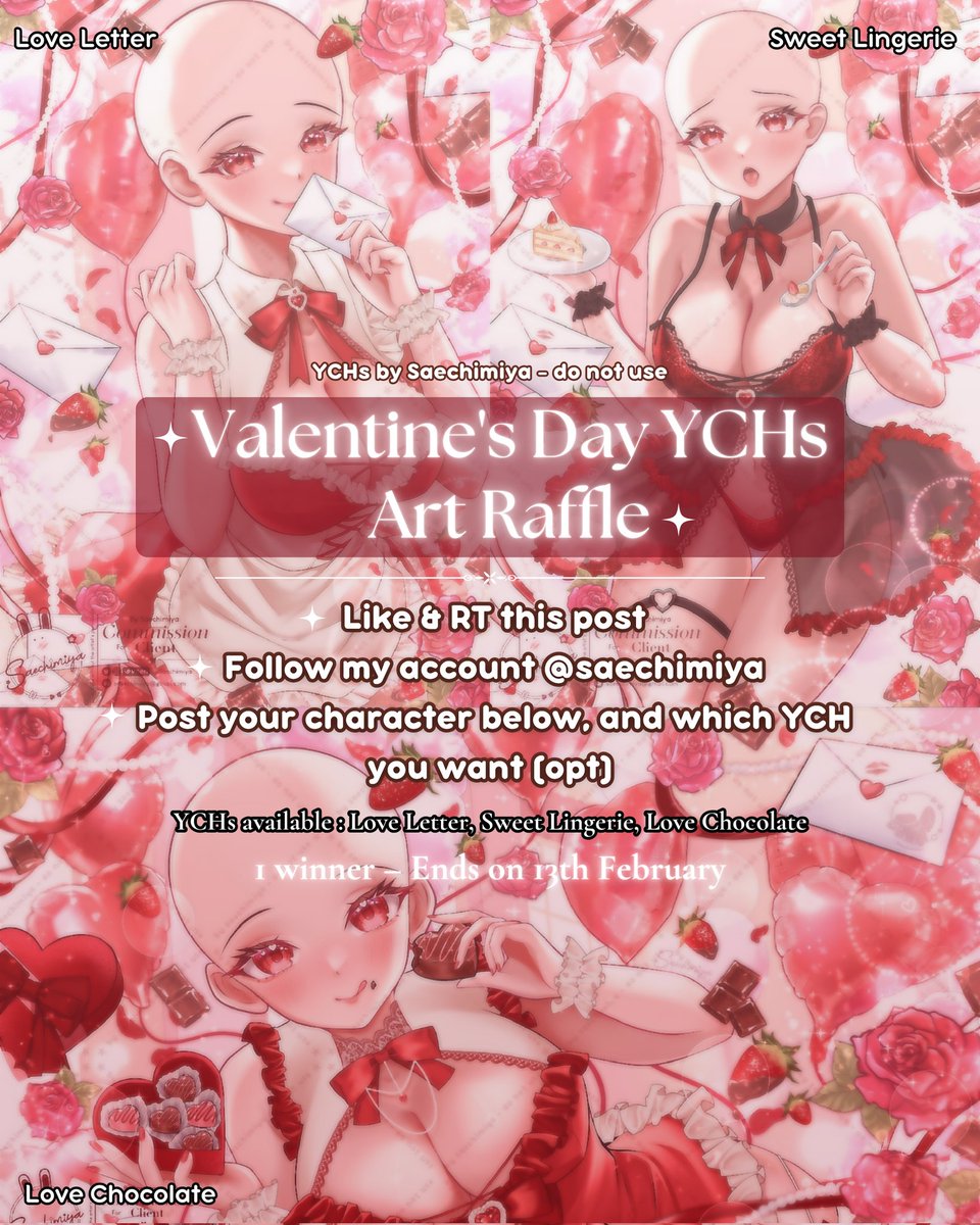 π€ΛΛ Sae βα’..α’βΰΌ π (@saechimiya) on Twitter photo β
Λββ§ κ° π β¦ Valentine's Day β Art Raffle π κ± β§βΛ β
β 10 Days left until VDay and I made these YCHs!! π€π§‘
β
Λββ§ ΰ¨ Rules to enter β¨οΈ ΰ§ β§βΛ β
β¦ Like β‘ + RT βΊ this post
β¦ Follow me
β¦ Post your OC below (opt)
More infos πβ¬οΈ
#Vtuber #ENVtuber #artRaffle β
Λββ§ κ° π β¦ Valentine's Day β Art Raffle π κ± β§βΛ β
β 10 Days left until VDay and I made these YCHs!! π€π§‘
β
Λββ§ ΰ¨ Rules to enter β¨οΈ ΰ§ β§βΛ β
β¦ Like β‘ + RT βΊ this post
β¦ Follow me
β¦ Post your OC below (opt)
More infos πβ¬οΈ
#Vtuber #ENVtuber #artRaffle