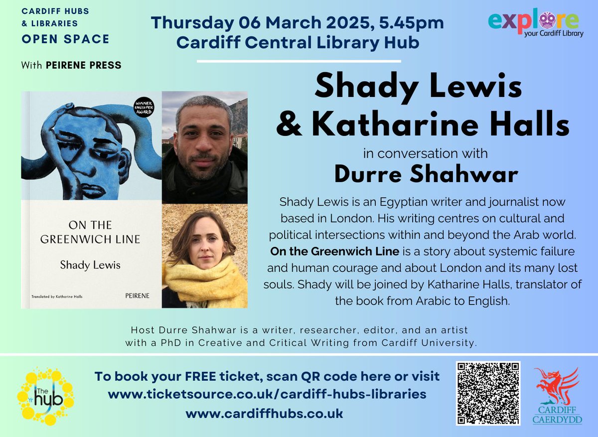 On 6th March we welcome Shady Lewis, author of new novel On The Greenwich Line, and translator Katharine Halls, in conversation with Durre Shahwar. Our thanks to Peirene Press.

Tickets are free: tinyurl.com/5emyydev