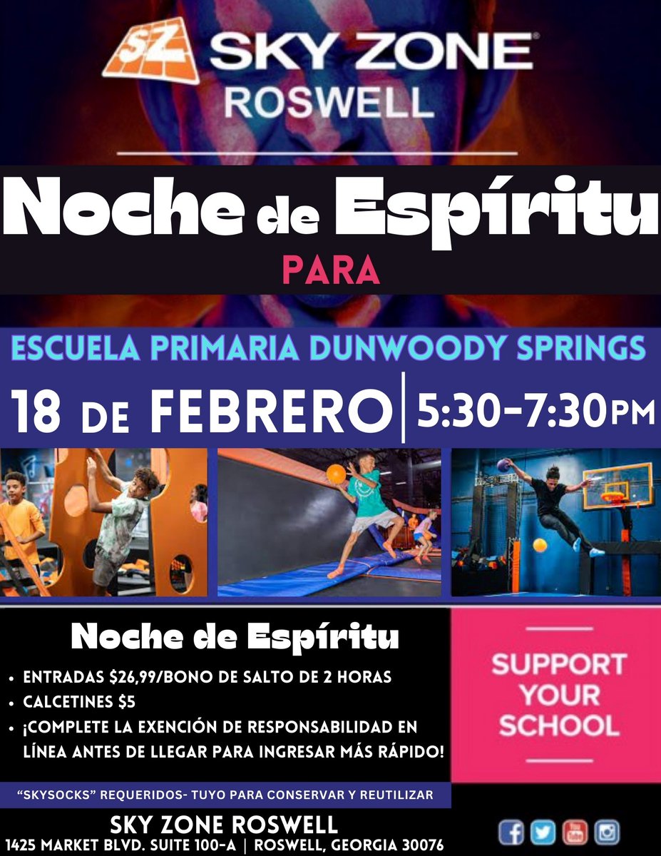 Mark your calendars for SkyZone Spirit Night, Tuesday, Feb 18th from 5:30pm-7:30pm! Jump, bounce, and play dodgeball with friends and family—all while supporting DSES!