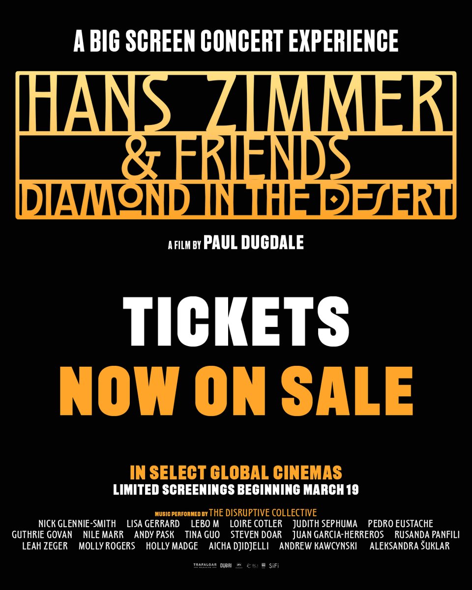 HansZimmerLive's tweet photo. Tickets are on sale now for “Hans Zimmer &amp; Friends: Diamond in the Desert” HERE 👉 https://t.co/R0Lzz01uwL

Join us in select global cinemas beginning 19th March! 🍿 🎬 🎟 #HansZimmerFilm #HansZimmerLive https://t.co/QORBFchU20