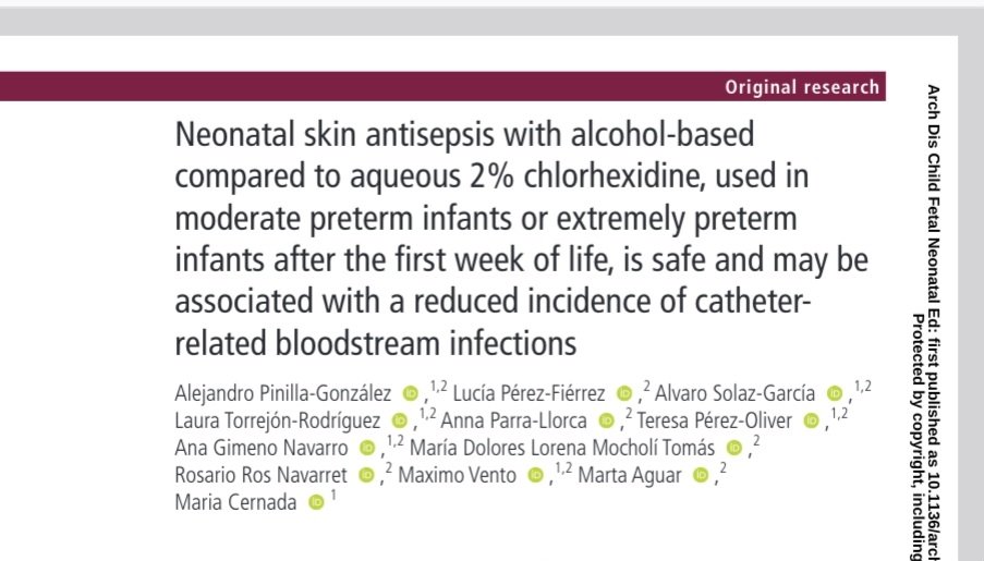 🆕️ Publicacion de neonatólog@s y enfermer@s #Pediatrialafe en <a href="/ADC_BMJ/">ADC</a>

Neonatal skin antisepsis with alcohol-based compared to aqueous 2% chlorhexidine, used in moderate preterm infants or extremely preterm infants after the first week of life...

fn.bmj.com/content/early/…