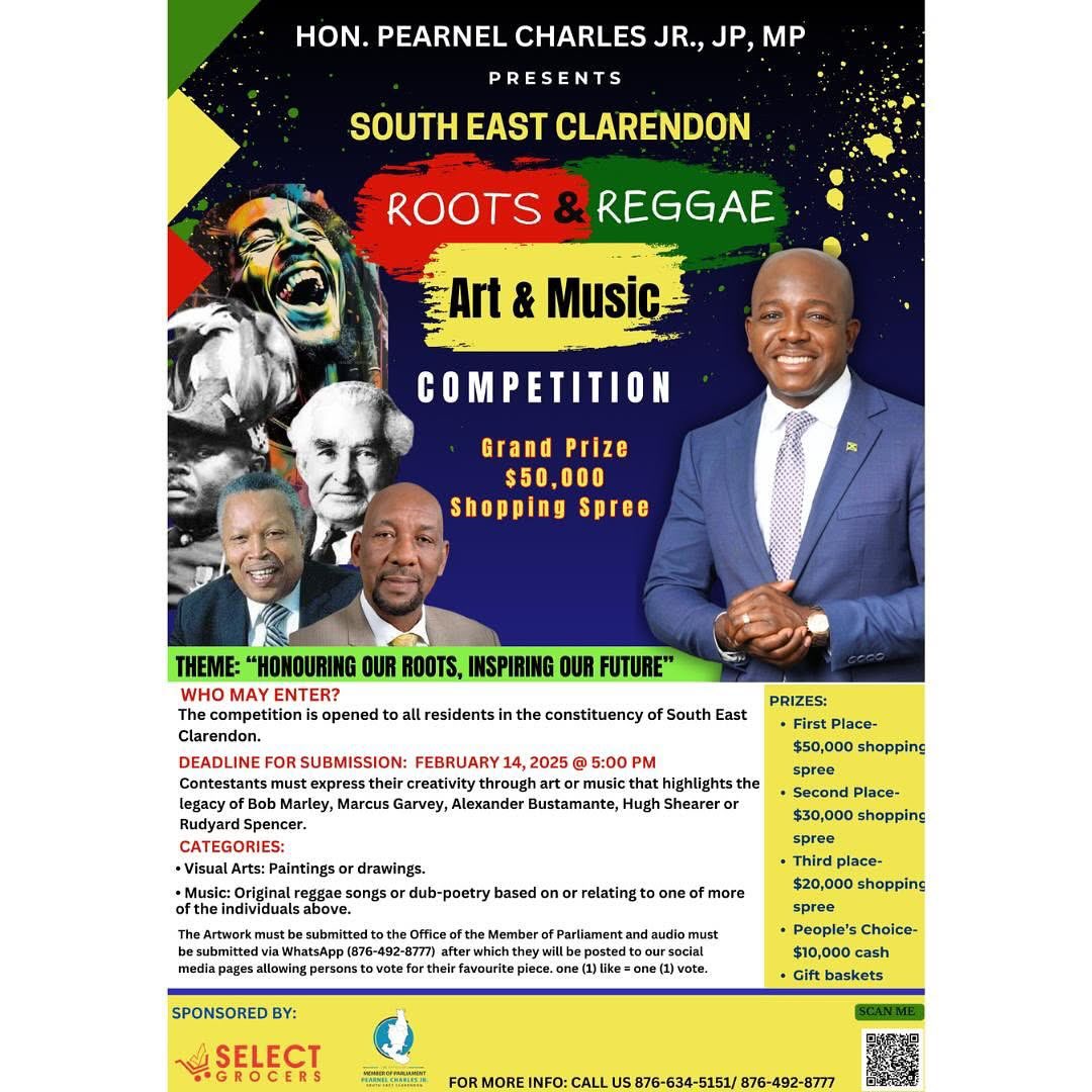 pcharlesjr's tweet photo. Celebrate culture in South East Clarendon! Enter the Roots & Reggae Festival Competition by showcasing your talent in visual art or music, honouring legends like Rudyard Spencer, Bob Marley and Hugh Shearer. Enter now for a chance to win big!
#RootsAndReggae #buildingsec https://t.co/Z8hlcWZVIK