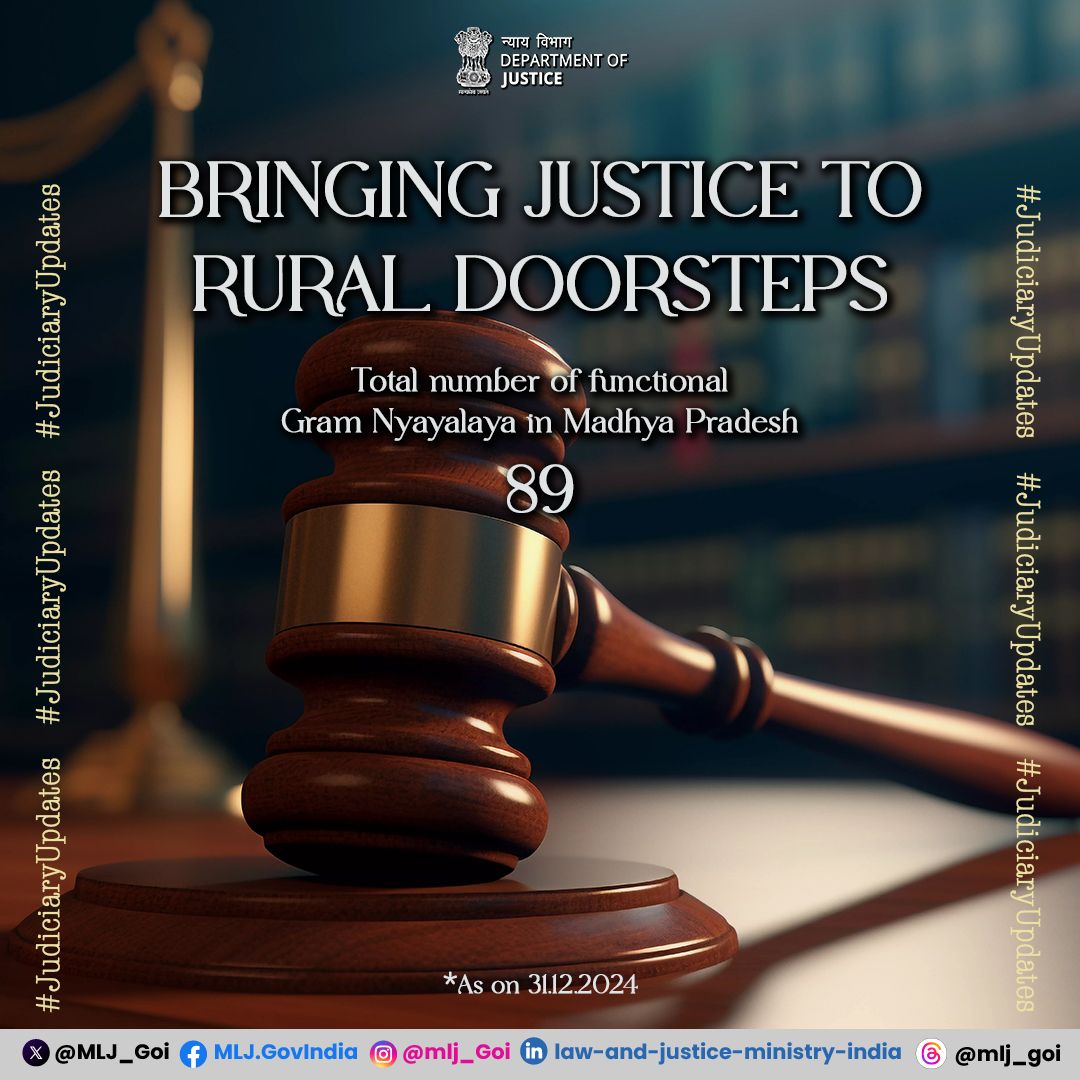 Madhya Pradesh sets an example with 89 operational Gram Nyayalayas, delivering accessible and timely justice to rural areas. They’re transforming village lives with availability of cost-effective justice at grassroots level. 

#DoJ #GramNyayalayas #JusticeForAll