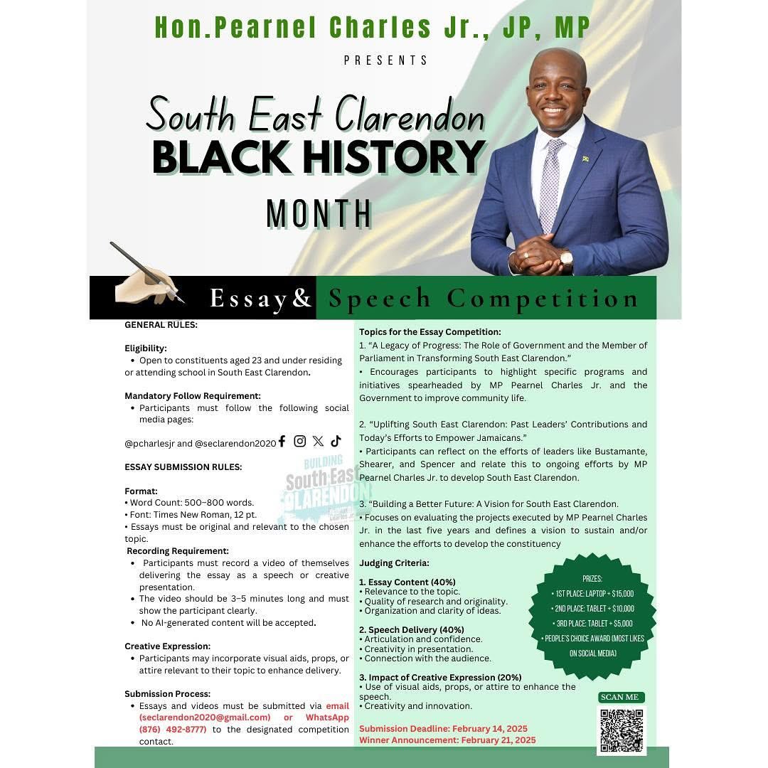pcharlesjr's tweet photo. Got writing or speaking skills? South East Clarendon residents & students (23 & under) can showcase their talent and win prizes. Tag a friend and enter today!
#MPCompetition #SpeakUp #WriteToWin #YouthVoices #buildingsec https://t.co/HlA9RzgUzM