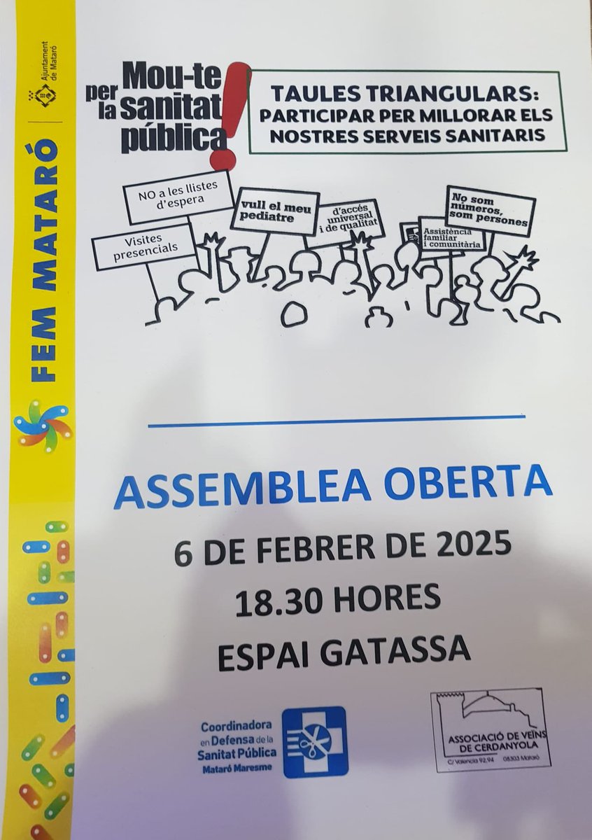 AVdeCerdanyola's tweet image. 🚨ASSEMBLEA OBERTA‼️
LLUITA PER LA SANITAT PÚBLICA
📆 6 DE FEBRER DE 2025
⌚ 18.30H
📍 ESPAI GATASSA
#mataro