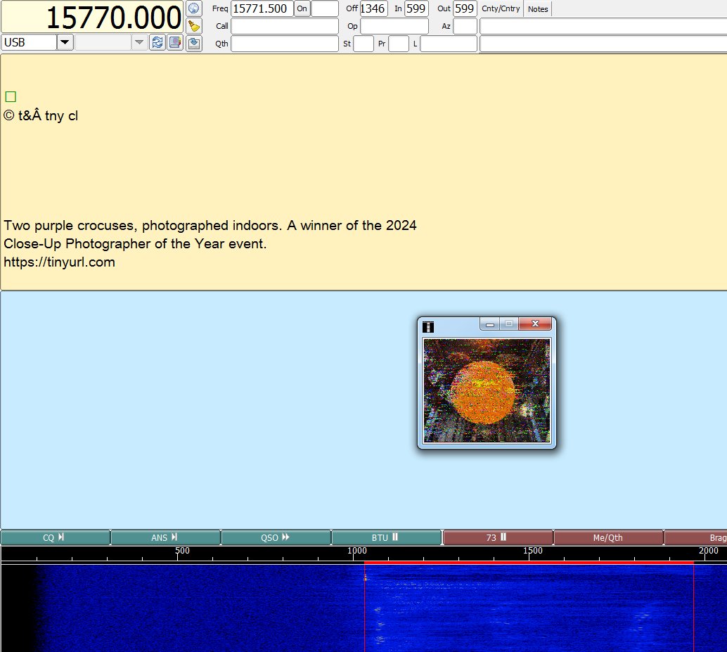 vk6ysf97230's tweet photo. Monitored WRMI Florida USA
Radiogram broadcast
05 Feb 2025, 1347 UTC
Frequency: 15770.0kHz USB
Mode: MFSK64 (Fldigi)
Program duration 30 min. 100% decode with several images.
Details: https://t.co/BLkDqMSm3P
#swl #mfsk32 #mfsk64 #swradiogram #FLDIGI #wrmi https://t.co/zQPSpB6AYJ