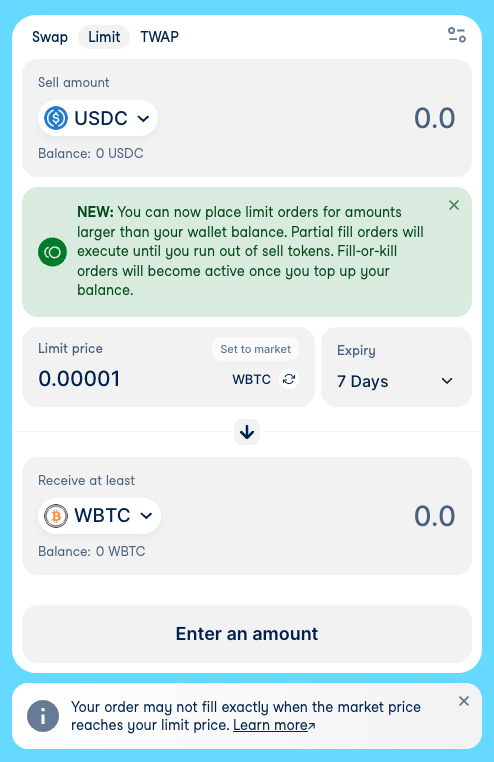 Interspace (@interspace_fi) on Twitter photo Want to add trading to your wallet? 
Embed <a href="/CoWSwap/">CoW DAO</a> and get Limit orders up and running in 5 minutes, instead of spending days building it yourself!
Check it out right now - intersend.io/apps/cow-swap Want to add trading to your wallet? 
Embed <a href="/CoWSwap/">CoW DAO</a> and get Limit orders up and running in 5 minutes, instead of spending days building it yourself!
Check it out right now - intersend.io/apps/cow-swap
