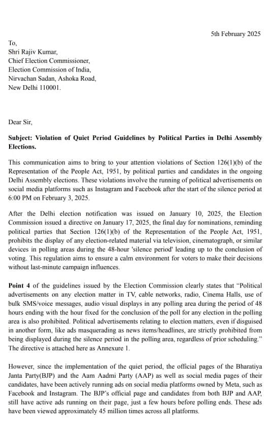 's tweet image. DELHI ELECTIONS  🧵
@votekiawaaz &amp;amp; @internetfreedom  have lodged a complaint with the @ECISVEEP , citing serious violations of Section 126(1)(b) of the Representation of the People Act, 1951, by political parties and candidates in the ongoing Delhi Assembly elections. These
