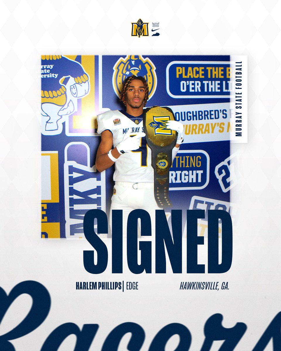 Murray State Football (@racersfootball) on Twitter photo 𝙒𝙚𝙡𝙘𝙤𝙢𝙚 𝙩𝙤 𝙩𝙝𝙚 𝙈𝙆𝙔 ✍️
🪪 <a href="/HarlemP10/">Harlem Phillips🛐</a>
📏 6’4 // 205 lbs, Edge
📍 Hawkinsville, GA
#GoRacers🏇 𝙒𝙚𝙡𝙘𝙤𝙢𝙚 𝙩𝙤 𝙩𝙝𝙚 𝙈𝙆𝙔 ✍️
🪪 <a href="/HarlemP10/">Harlem Phillips🛐</a>
📏 6’4 // 205 lbs, Edge
📍 Hawkinsville, GA
#GoRacers🏇