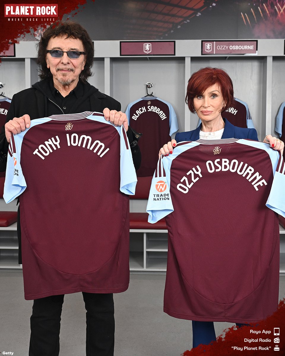 Tony Iommi and Sharon Osbourne hold Aston Villa shirts in the dressing room at Villa Park as they announce Black Sabbath are reuniting for Ozzy Osbourne's final concert this summer.