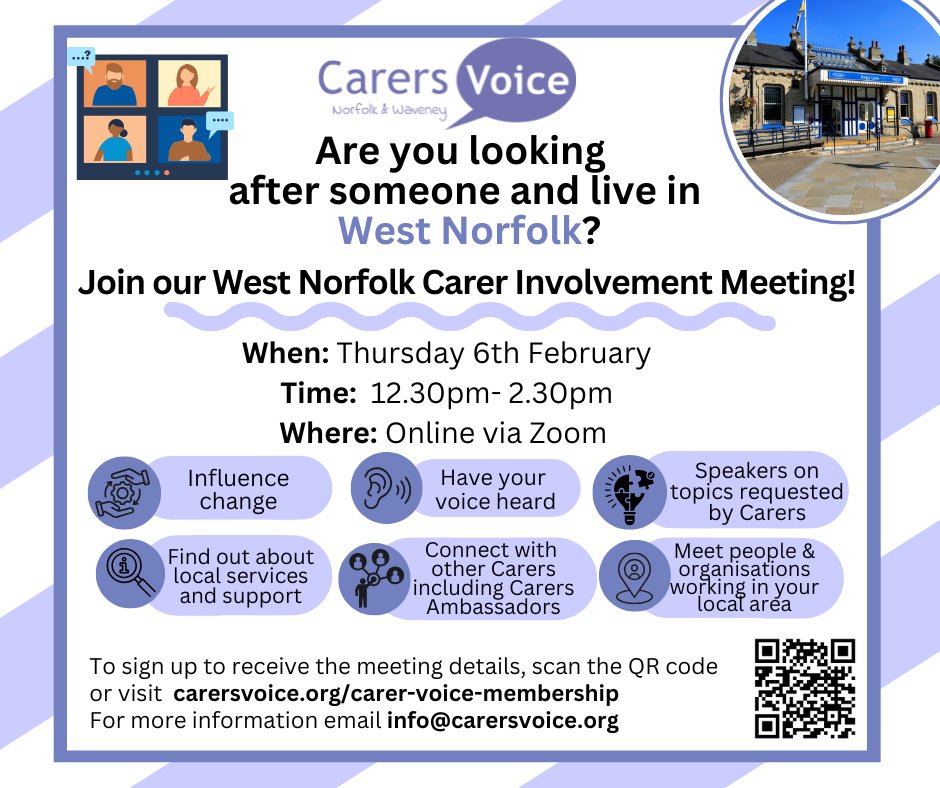 West Norfolk Carers (@wncarers) on Twitter photo West Norfolk <a href="/CarersVoiceNW/">Carers Voice Norfolk & Waveney</a> Carer Involvement meeting Thursday 6th February 2025 12:30-2:30pm West Norfolk <a href="/CarersVoiceNW/">Carers Voice Norfolk & Waveney</a> Carer Involvement meeting Thursday 6th February 2025 12:30-2:30pm