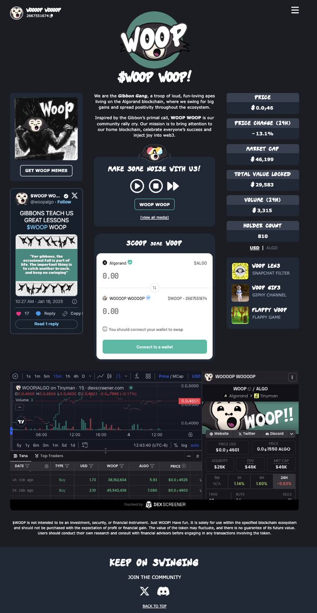 $WOOP WOOP Gibbon Gang (@woopalgo) on Twitter photo NEW $WOOP WOOP WEBSITE! THANK YOU, <a href="/AlgoVince/">vince.algo</a>!
- WOOP MEDIA PLAYER
- <a href="/tinymanorg/">tinyman.algo</a> INTEGRATION
- <a href="/vestigefi/">Vestige Labs</a> STATS
- WOOP BEATS & MEMES
- WOOP STICKERS
- WOOP GIPHY
- WOOP SNAPCHAT LENS
- WOOP GAMES
- DEXSCREENER STATS
+ MORE
SO EASY TO WOOP WOOP: woopalgo.com
$ALGO NEW $WOOP WOOP WEBSITE! THANK YOU, <a href="/AlgoVince/">vince.algo</a>!
- WOOP MEDIA PLAYER
- <a href="/tinymanorg/">tinyman.algo</a> INTEGRATION
- <a href="/vestigefi/">Vestige Labs</a> STATS
- WOOP BEATS & MEMES
- WOOP STICKERS
- WOOP GIPHY
- WOOP SNAPCHAT LENS
- WOOP GAMES
- DEXSCREENER STATS
+ MORE
SO EASY TO WOOP WOOP: woopalgo.com
$ALGO
