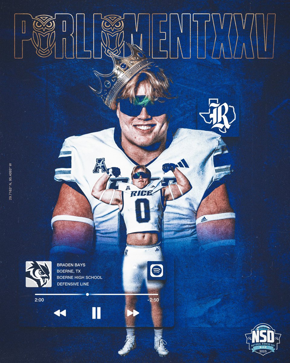 RiceFootball's tweet photo. Just got Tougher in the Trenches 😈

✍️ » Braden Bays 
🏠 » Boerne, TX
🏈 » DL

#PARLIAMENTXXV https://t.co/b8AYMob7wK